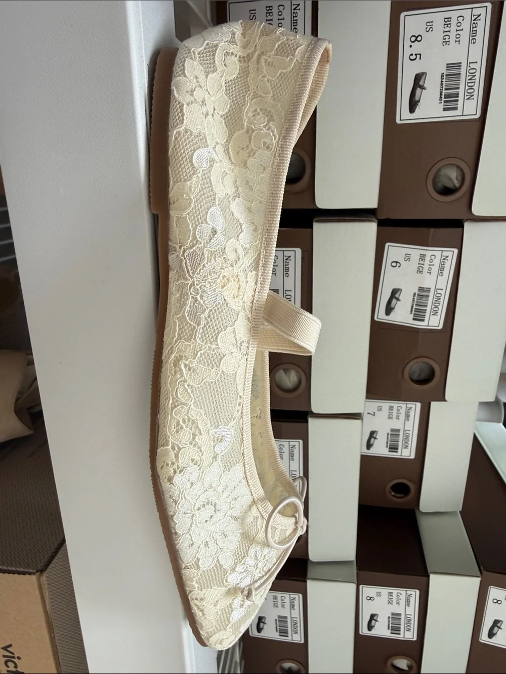 Lace Ballet Flats with Bow Strap in Ivory